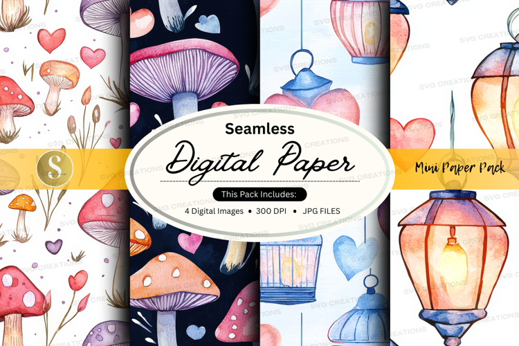 Whimsical mushroom and lantern digital paper