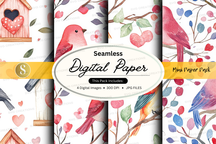 Seamless digital paper - bird and heart theme