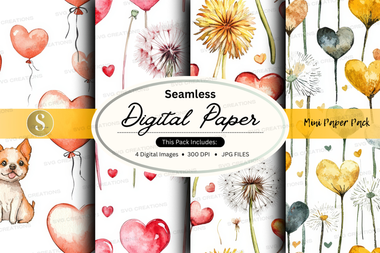 Seamless digital paper - whimsical hearts and dandelions