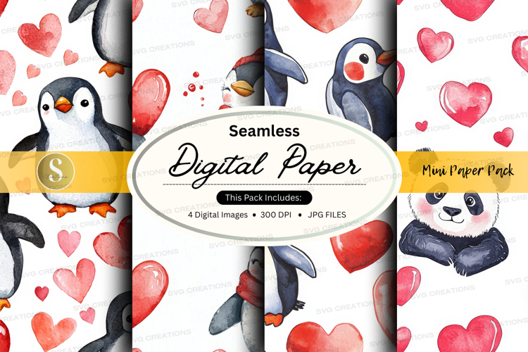 Seamless digital paper - penguin and panda love theme