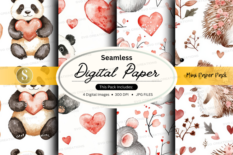 Seamless digital paper - cute animals and hearts
