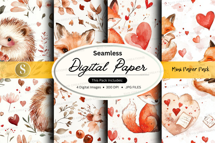 Seamless digital paper - woodland creatures and hearts example image 1