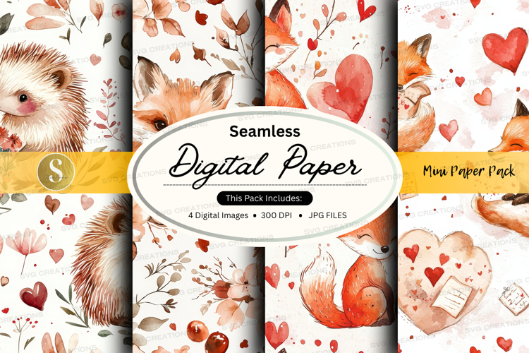 Seamless digital paper - woodland creatures and hearts