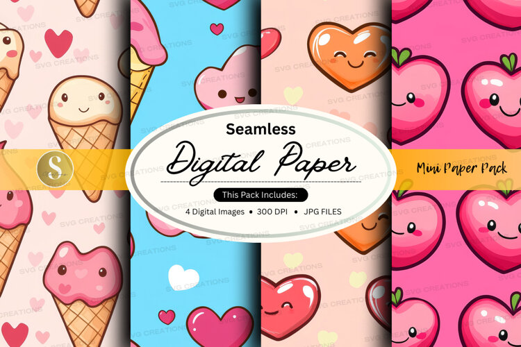 Seamless digital paper - kawaii hearts and ice cream digital example image 1