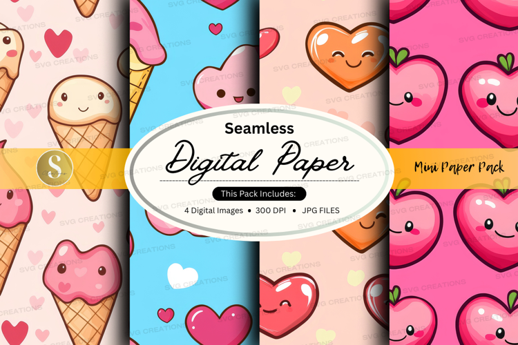 Seamless digital paper - kawaii hearts and ice cream digital