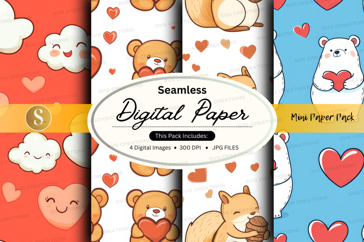 Seamless digital paper - cute animals and hearts