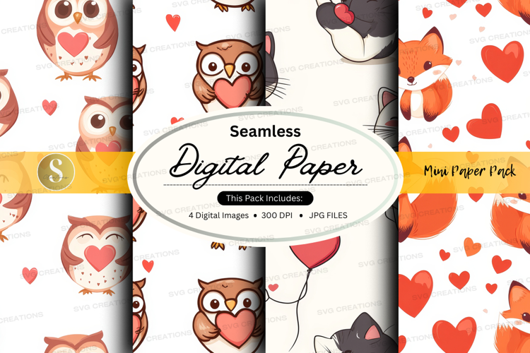 Seamless digital paper - cute animals and hearts digital pap