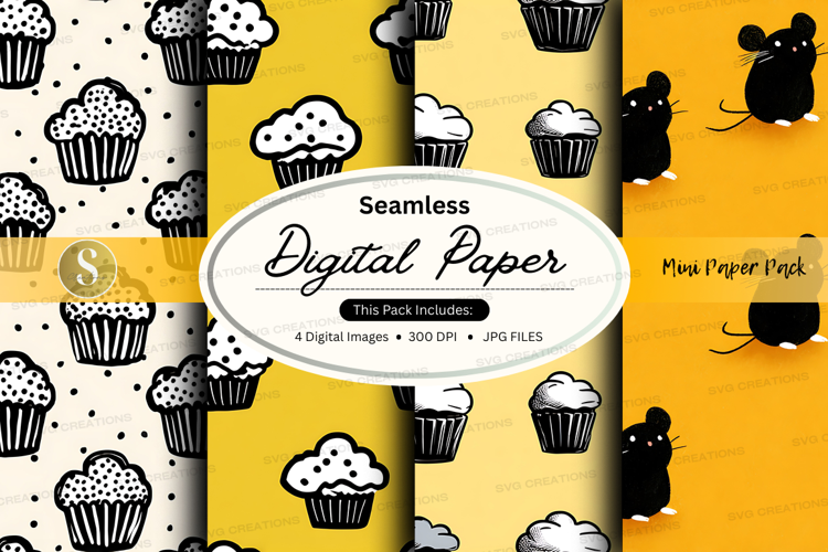 Seamless digital paper - cupcake and mouse pattern