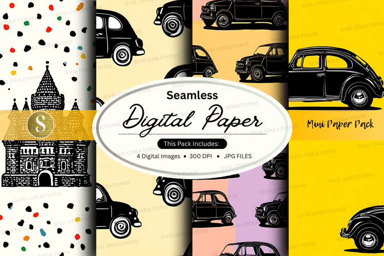 Vintage car and house digital paper