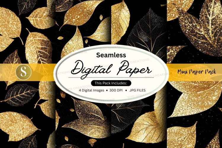 Golden leaves on black seamless pattern