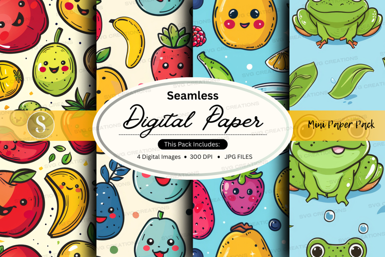 Kawaii fruits and frogs digital paper