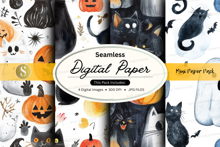 Seamless digital paper - halloween cats and pumpkins