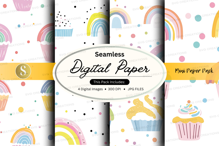 Seamless digital paper - cupcake and rainbow pattern
