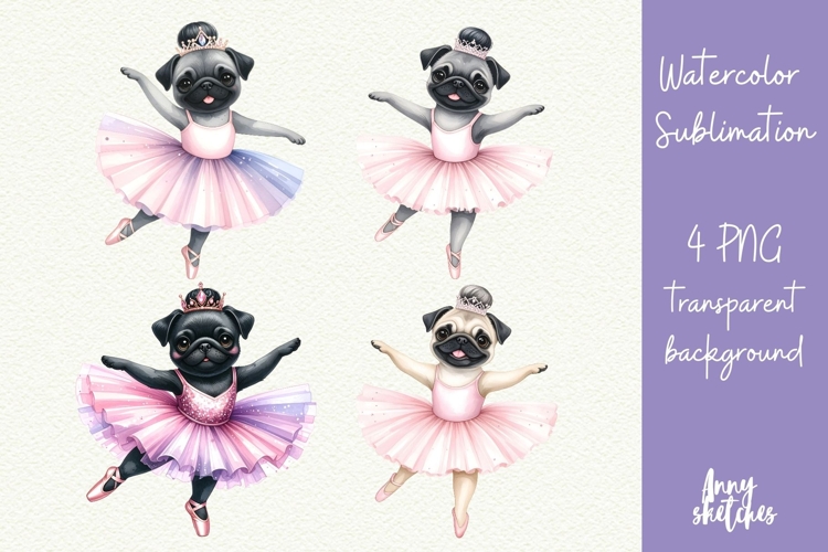 4 Pug Ballerina Mid-pirouette Pink Ballet Coquette Clipart