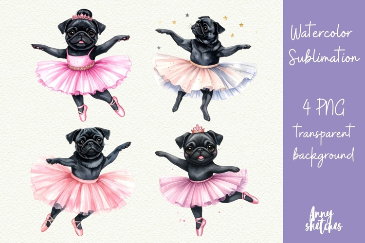 4 Pug Ballerina Mid-pirouette Pink Ballet Coquette Clipart