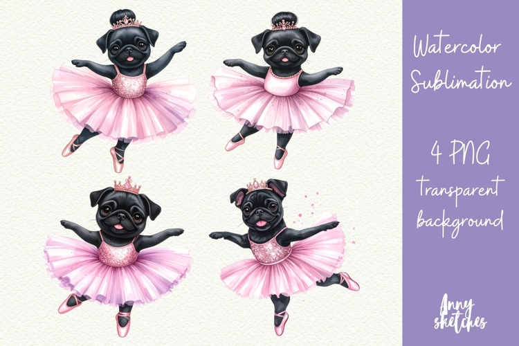 4 Pug Ballerina Mid-pirouette Pink Ballet Coquette Clipart
