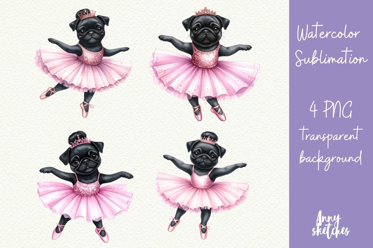 4 Pug Ballerina Mid-pirouette Pink Ballet Coquette Clipart