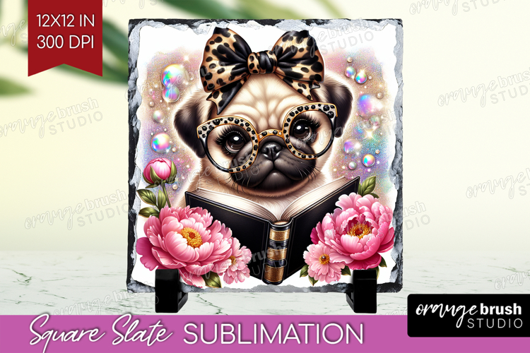 Pug Dog Reading Slate PNG Book Lover Square Slate
