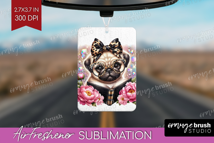 Pug Dog Reading Air Freshener PNG Book Lover PNG Sublimation
