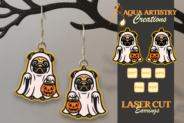 Boo Pug Dog Costume Halloween Earrings Lasercut Design