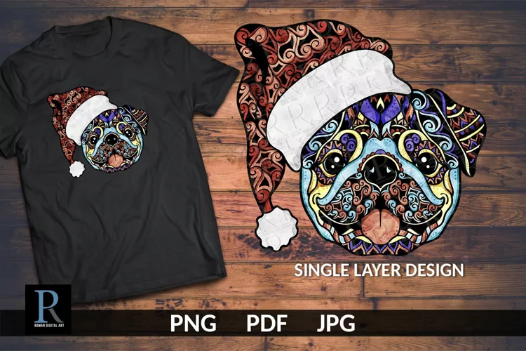 Watercolor Christmas Pug Sublimation PNG ready to press