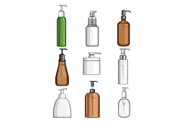 Collection of various pump dispenser bottles