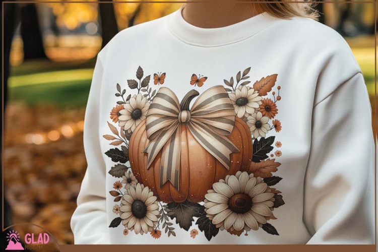 Floral fall pumpkin with coquette bow png, autumn pumpkin
