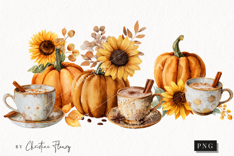 Watercolor Pumpkin & Coffee Clipart | Fall Png