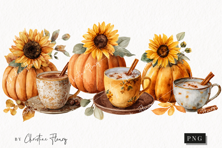 Watercolor Pumpkin & Coffee Clipart | Fall Png