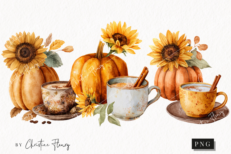 Watercolor Pumpkin & Coffee Clipart | Fall Png