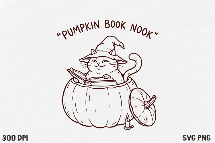 Bookish Halloween Cat SVG PNG | Witchy Reading Cat Design example image 1