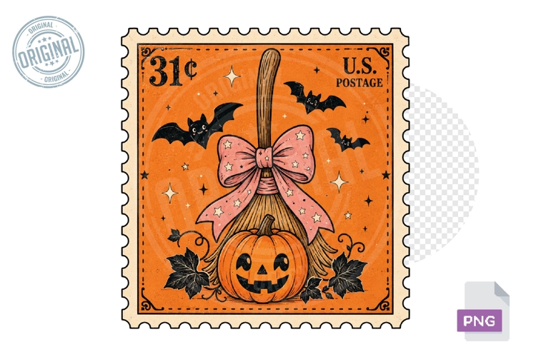 Pumpkin Broom Bow Bats Vintage Halloween Stamp PNG Design