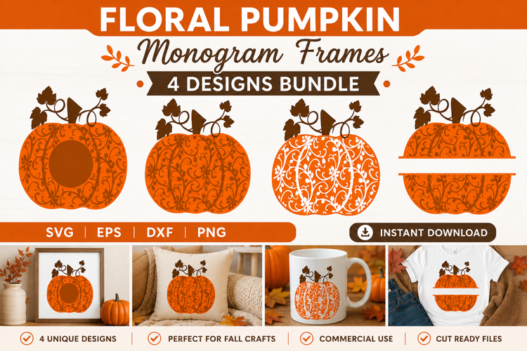 Floral Pumpkin Bundle - Fall Thanksgiving Zentangle Monogram example image 1