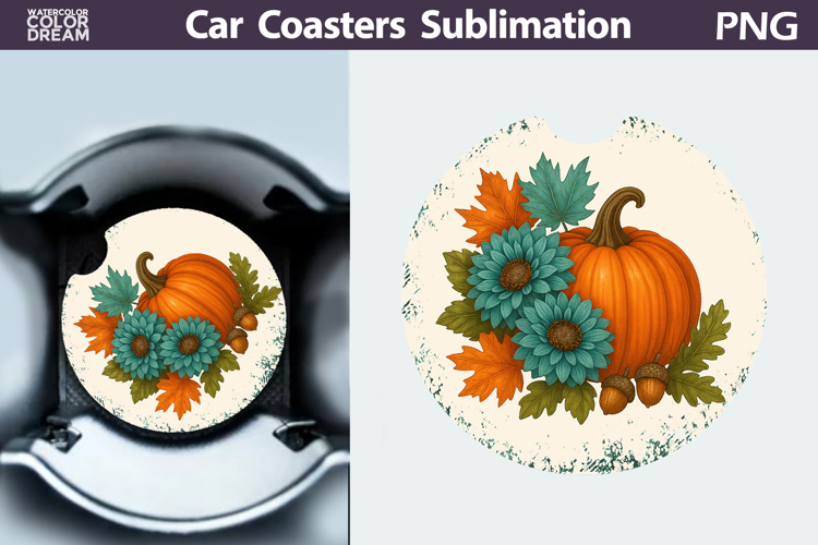 Pumpkin Floral Car Coaster | Thanksgiving Round Coaster