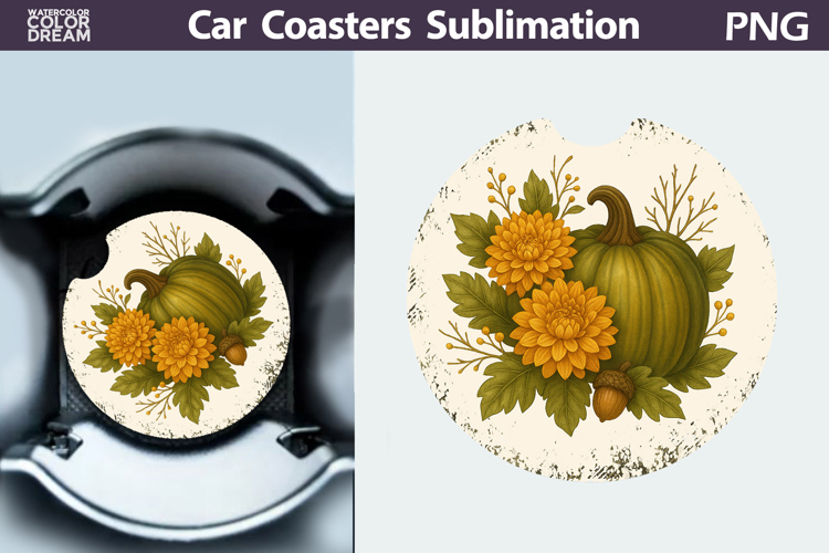 Pumpkin Floral Car Coaster | Thanksgiving Round Coaster