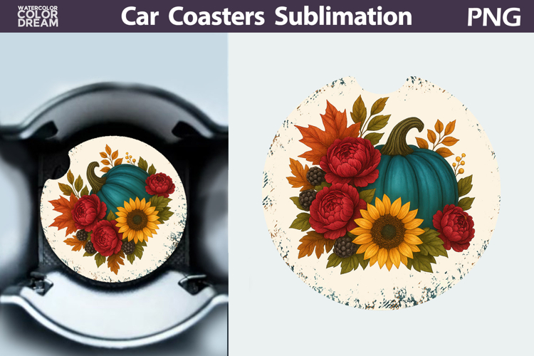 Pumpkin Floral Car Coaster | Thanksgiving Round Coaster
