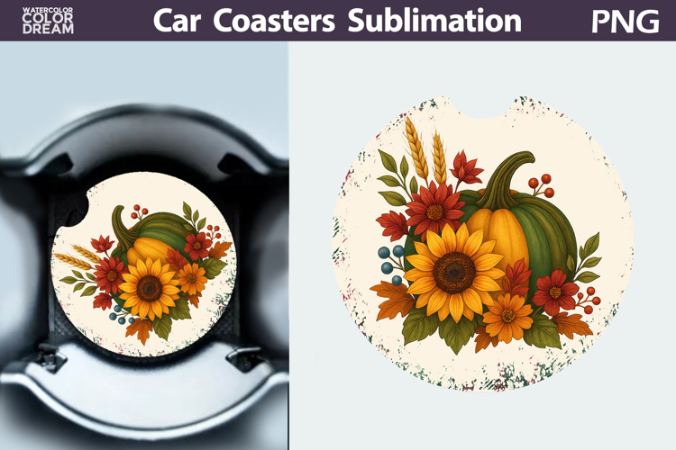 Pumpkin Floral Car Coaster | Thanksgiving Round Coaster