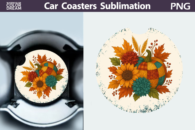 Pumpkin Floral Car Coaster | Thanksgiving Round Coaster