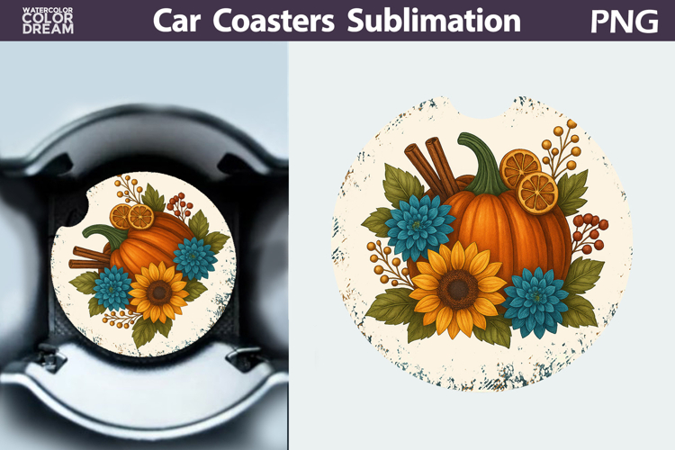 Pumpkin Floral Car Coaster | Thanksgiving Round Coaster