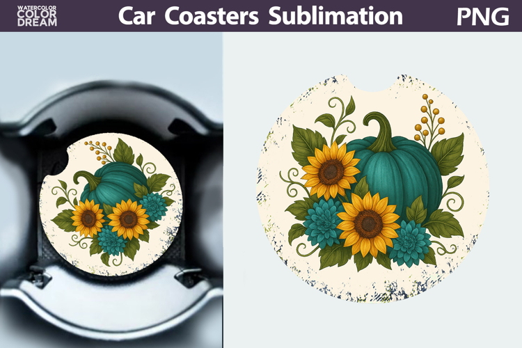 Pumpkin Floral Car Coaster | Thanksgiving Round Coaster