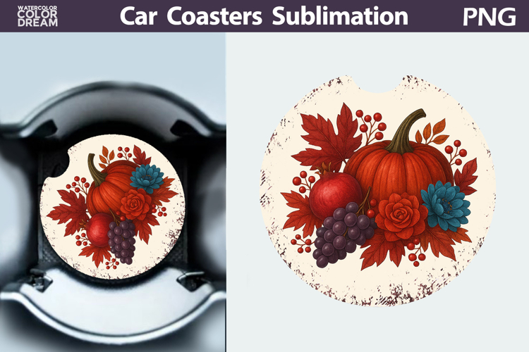 Pumpkin Floral Car Coaster | Thanksgiving Round Coaster