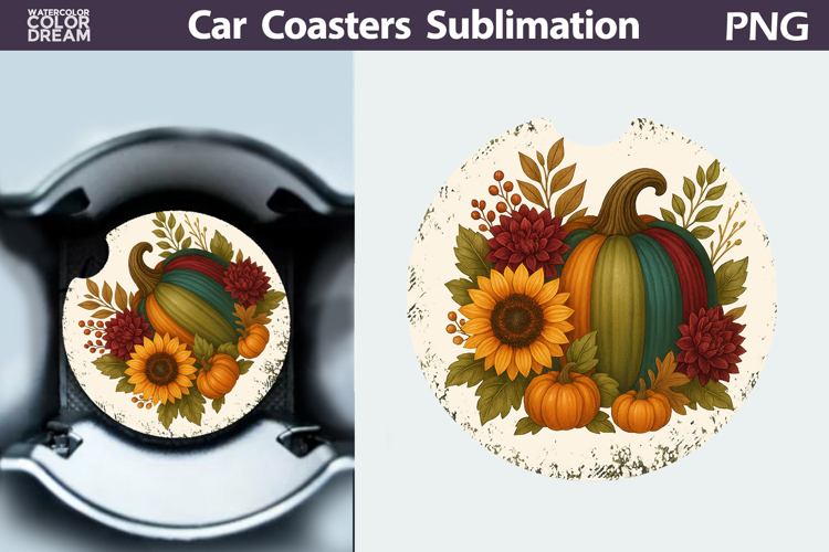 Pumpkin Floral Car Coaster | Thanksgiving Round Coaster