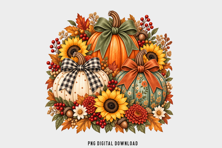 Fall Pumpkin Sunflower Floral Bouquet PNG, Autumn Pumpkins