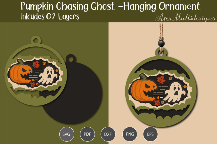 Pumpkin Chasing Ghost Hanging Ornament SVG