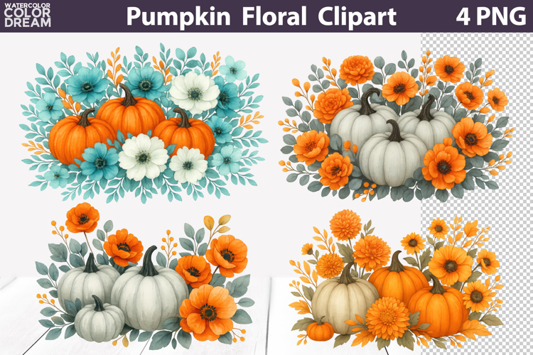 Fall Pumpkin Floral Clipart | Thanksgiving Sublimation