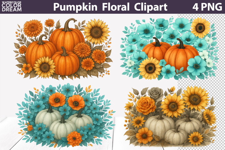 Fall Pumpkin Floral Clipart | Thanksgiving Sublimation