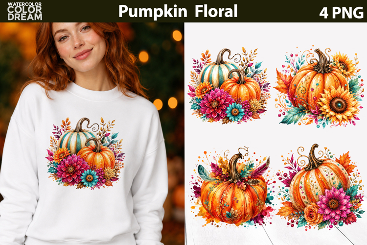 Pumpkin Floral Clipart | Fall Sublimation Design