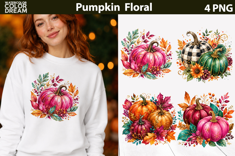 Pink Pumpkin Floral Clipart | Fall Sublimation Design