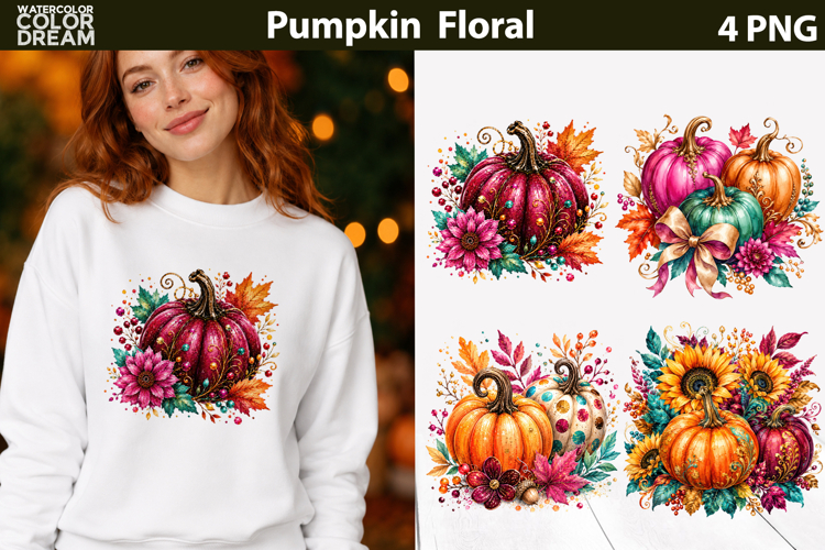 Fall Pumpkin Floral Clipart | Autumn Sublimation Design