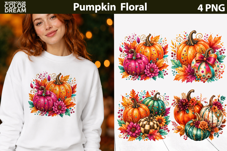 Fall Pumpkin Floral Clipart | Autumn Sublimation Design